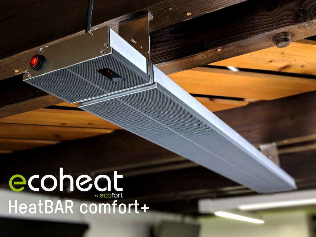 ecoheat HeatBAR comfort+ Dunkelstrahler an der Decke montiert in einem Ladenlokal