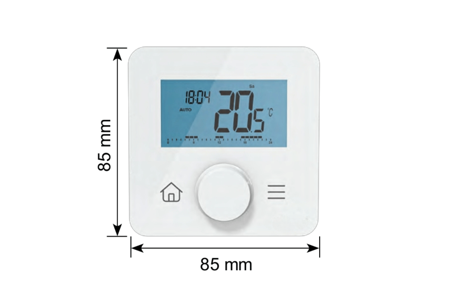 ecoheat sensus Thermostat - Vorderansicht mit Abmessungen