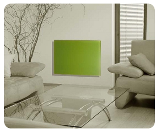 Grüne Infrarot- Glasheizung im Innenbereich z.B. Wohnzimmer oder Büro.